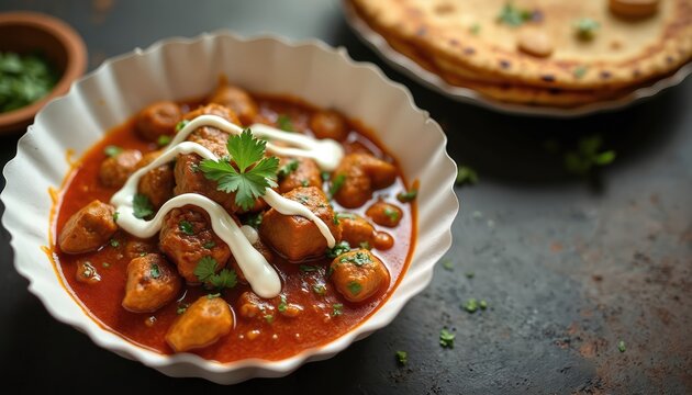 Soya chaap curry in rich tomato sauce garnished with cream and fresh coriander. Served with Indian flatbread on side. Delicious vegetarian dish for lunch or dinner.