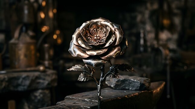 Beautiful Hand Forged Metal Rose on Anvil in Rustic Blacksmith Forge, Artistic Iron Flower Sculpture with Realistic Copper Petals for Romantic Industrial Decor and Anniversary Gift Ideas