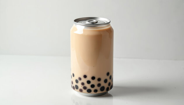 Can filled with creamy bubble milk tea and tapioca pearls. Silver pull tab lid on beverage container. Simple white studio background with ample copy space.