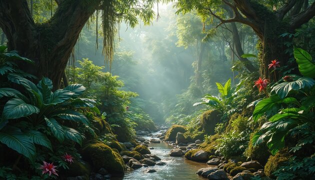 Lush rainforest with flowing stream over mossy rocks. Large green leaves and vibrant red flowers grow near trees and vines. Sunlight filters through dense foliage creating a misty, humid atmosphere.