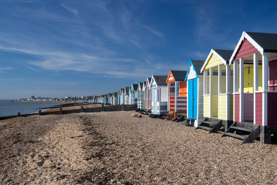 Beach huts at Thorpe Bay, Essex, England, United Kingdom