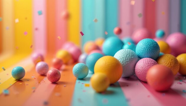 Bright colorful spheres rest on vibrant striped background. Confetti falls on playful round balls. Festive abstract composition suggests celebration party or cheerful event.