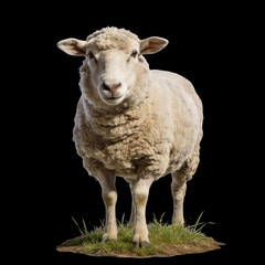 Fototapeta premium A single, fluffy, white sheep stands on a patch of grass, looking directly at the camera with a calm and gentle expression, isolated on a black background