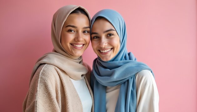 Two smiling women wear hijabs and modest clothing. They stand together against a pink background, representing friendship and modern style. Their attire shows cultural diversity.
