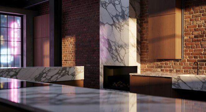 Modern Luxury Kitchen Interior Design with Brick Wall and Marble Countertops