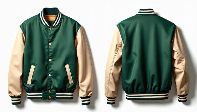 Green and beige baseball jacket front and back view. Classic varsity style outerwear with snap buttons. Ribbed collar cuffs and hem detail. Sporty fashion apparel for men or women.
