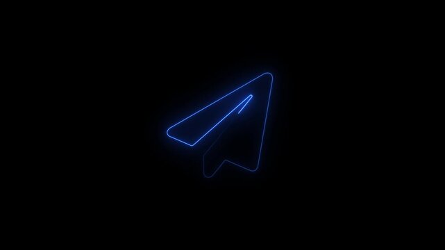 Paper plane flying in and out of the frame. Neon glowing Paper airplane is flying. Business success concept, Animated glowing neon icon on black background.