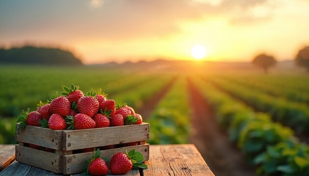 Wooden crate filled with ripe strawberries sits on table. Strawberry field stretches into distance at sunrise. Early morning light illuminates farm rows.