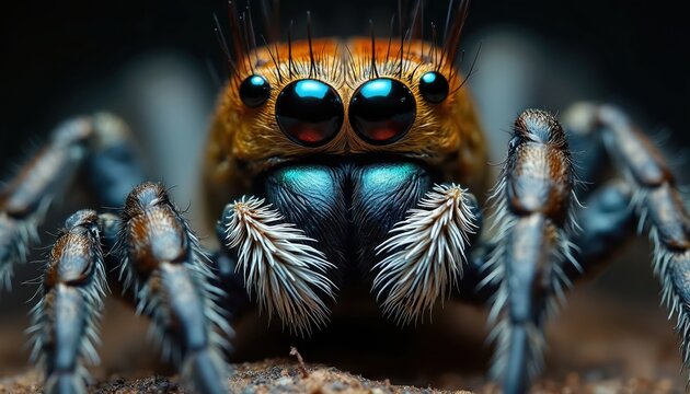 Macro view of jumping spider. Arachnid has large iridescent eyes and fuzzy legs. Tiny predator shows intricate details of its body and fangs.