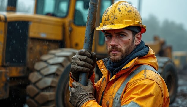 Construction worker wears yellow hard hat and orange jacket. He grips metal pipe at muddy work site. Heavy machinery is visible behind him on wet day. He looks determined.