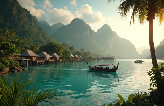 Overwater bungalows sit by calm turquoise water with boats in scenic tropical mountains. Palm trees line shore under hazy sky. Vacation resort offers peaceful island getaway.