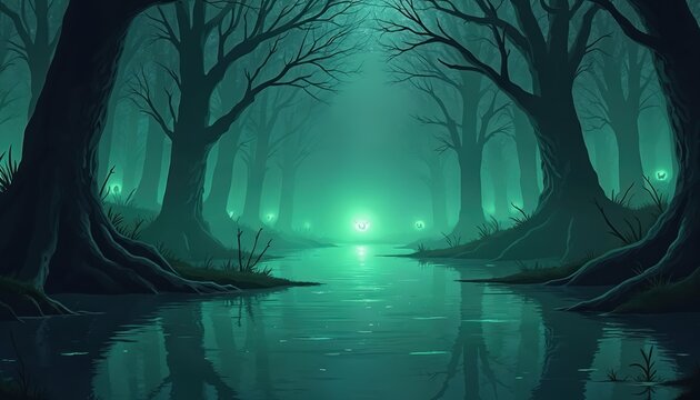 Dark forest path with glowing orbs. Eerie mist covers still water. Bare trees line the mysterious eerie scene. Mysterious glowing light sources in spooky dark woods.