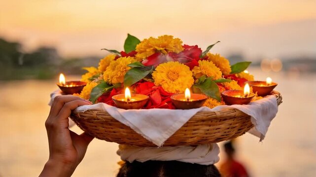 Woven basket filled with marigold flowers, rose petals, and lit clay lamps, suitable for cultural ceremonies, religious offerings, festivals, and spiritual traditions.
