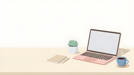 Fototapeta premium Flat Vector Illustration of Modern Workspace with Laptop Coffee Cup Potted Plant and Notebook