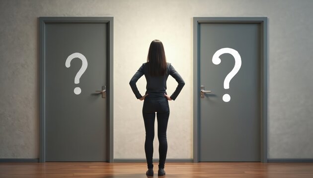 Woman faces two closed doors marked with question marks. She ponders her path forward making a difficult choice about her future direction and options.