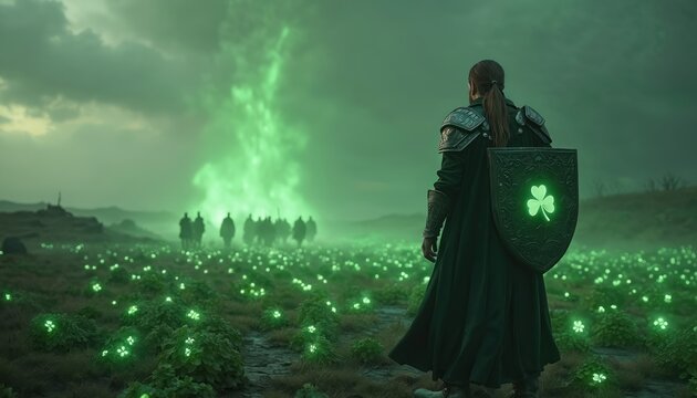 Lone warrior faces approaching army in field of glowing shamrocks. Mystical green energy rises into cloudy sky. Fantasy battle scene with courage and strength.