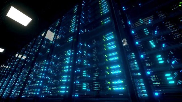 Futuristic data center server room. Digital cloud computing and cyber data flow animation. 3D 4K server room, data center, modern server room environment, futuristic data center.