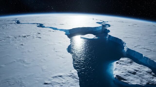 Frozen planet rift - cracked ice shelf over deep ocean under starry space sky in climate change animation