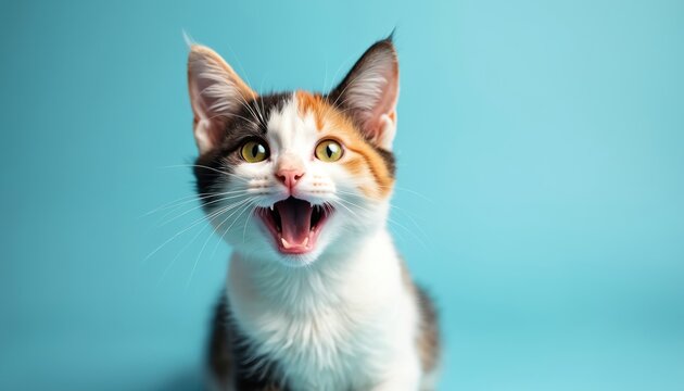 Calico cat mouth open wide, yellow eyes stare forward. Small kitten meows loudly against a light blue backdrop. It looks very cute and playful.