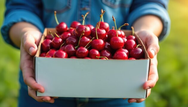 Person holds box full of fresh ripe red cherries harvested from orchard. Closeup view of sweet juicy fruit in container. Healthy food from farm, summer produce.