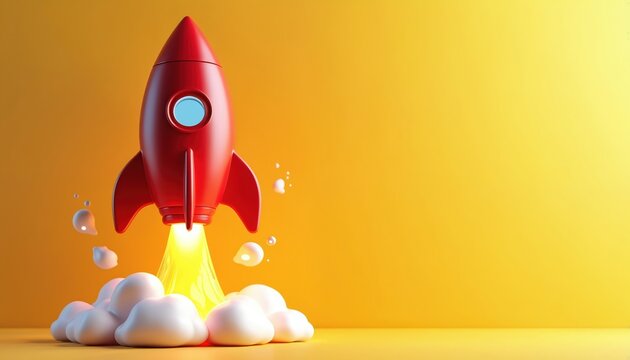 Red toy rocket with circular window stands upright on yellow background. Smoke and fire burst from bottom. Three fins provide stability during lift-off.
