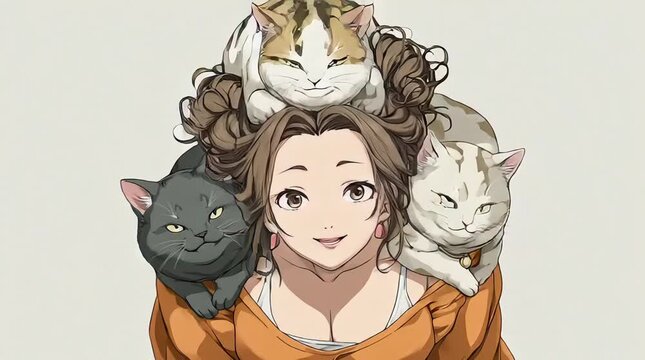 Smiling Anime Girl in Orange Jacket with Chubby Cats Sitting on Her Head and Shoulders on Pale Background as a Cute Pet Companion Scene Anime Illustration Animation