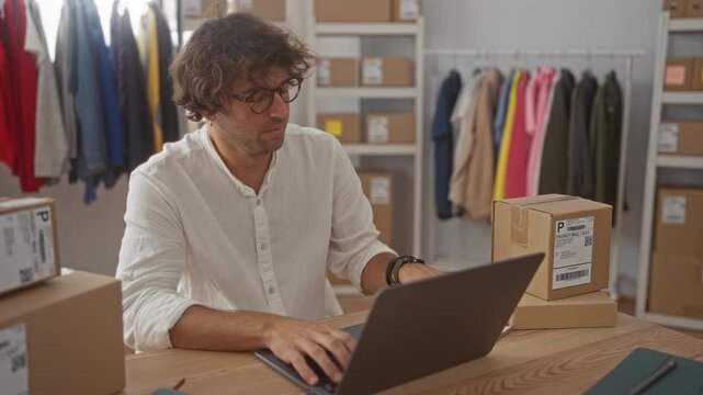 Man holding phone to ear at laptop among shipping boxes and clothing racks in a warehouse building; focused order management.