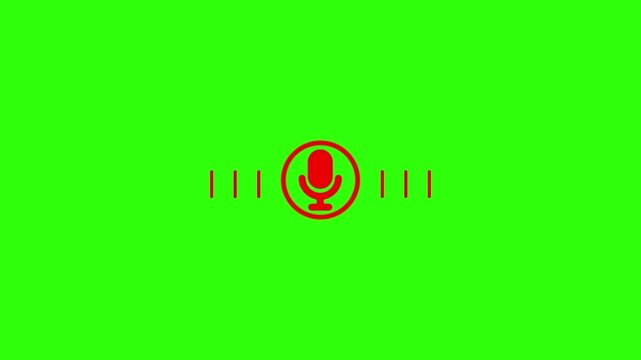Red Microphone Icon with Sound Waves on Green Screen. , Minimal microphone icon shows audio and sound waves. Clean design podcast and digital recording.