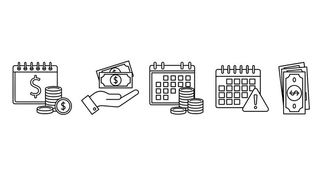 Streamlined financial management icons illustrating payment schedules, savings goals, transaction processing, and monetary alerts