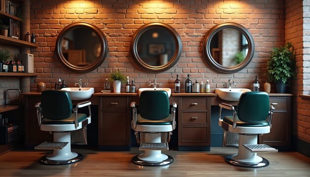 Three barber chairs with sinks and mirrors stand against a brick wall. Vintage interior of a grooming salon with wooden cabinets and shelves. Pro styling station.