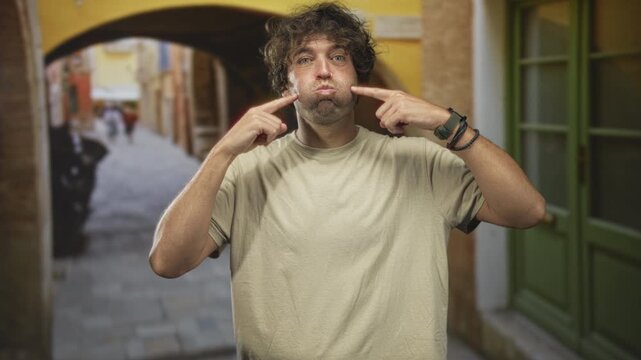 Young man points fingers to puffed cheeks while looking at camera on a narrow cobbled street by green door and archway; playful mischief.