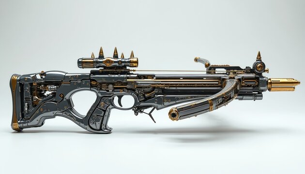Ornate silver and gold crossbow with intricate gears and spikes. Futuristic weapon with scope and detailed mechanism. Sci-fi concept art for fantasy or combat.