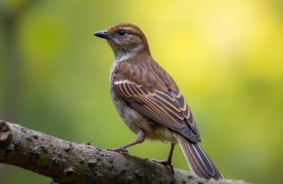 Hedge accentor bird perched on branch in sunny garden. Small songbird looks around. Prunella modularis in natural habitat, wildlife detail close up.