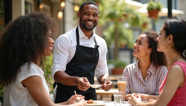 Smiling waiter takes order from women at outdoor cafe table. Diverse group enjoys drinks and food on sunny day. Lively service and happy conversation with hospitality.