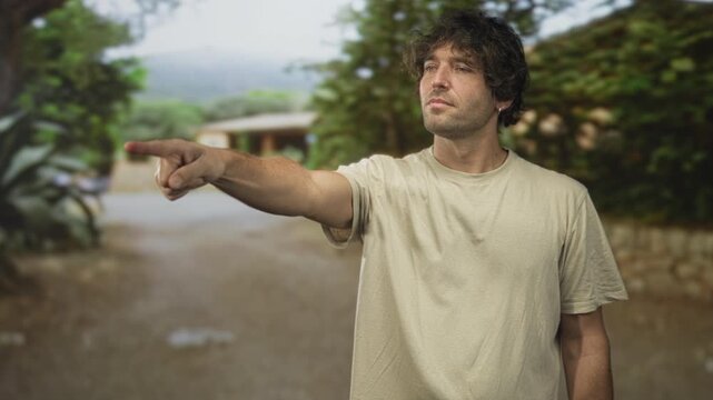 Young man points finger outward on a tree lined street in front of a low stone building, wearing a plain t shirt and nose piercing; determination.