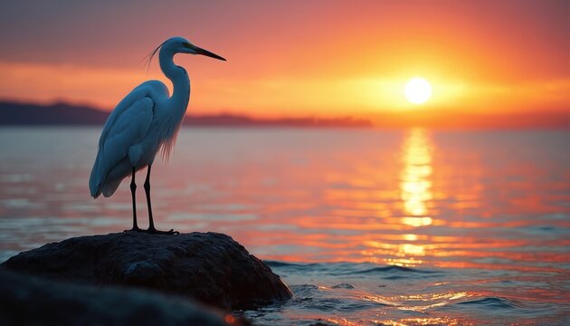 White egret bird stands on rock at calm sea during colorful sunset. Ocean reflects orange sun, sky displays warm hues. Nature scene tranquility.