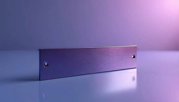 Rectangular metallic purple plate with two screw holes. The shiny surface has a brushed texture. It sits on a glossy reflective surface with a blue gradient background.