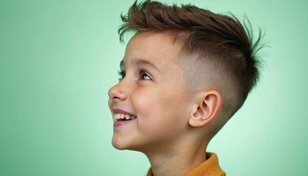 Young boy with stylish fade haircut and happy smile looks up. Light skin, brown eyes, light hair. Studio shot on mint green backdrop. Youthful look.