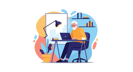 Fototapeta premium Senior digital nomad working on laptop at desk in home office with plant and lamp