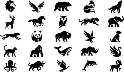 Fototapeta premium Black animal logos collection featuring various animal silhouettes in clean, minimal style. Ideal for branding, badges, emblems, and logo design. Isolated on white background.
