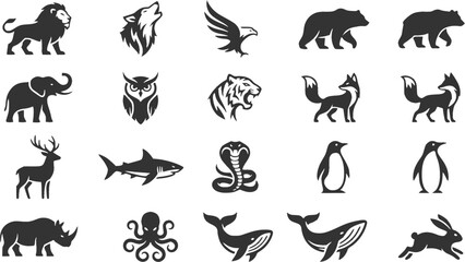 Fototapeta premium Black animal logos collection featuring various animal silhouettes in clean, minimal style. Ideal for branding, badges, emblems, and logo design. Isolated on white background.