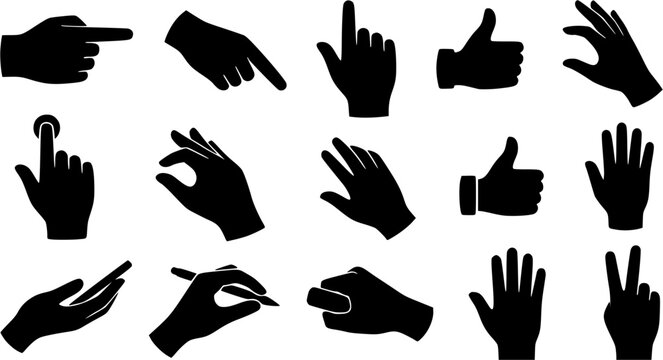 Black hand gesture silhouettes set with pointing, clicking, holding, and various poses. Ideal for UI, communication, and interaction concepts. Isolated on white background.