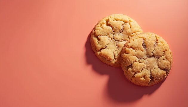 Two sweet snickerdoodle cookies arranged on a plain coral background with soft morning light casting gentle shadows. This simple, minimalist food photo highlights the tempting texture and baked goods.