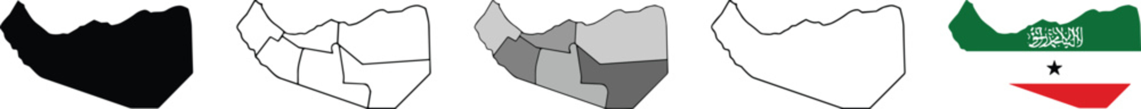map of somaliland regions with different color fill and national flag for educational or political purposes.