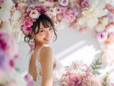 色とりどりの花に囲まれて花冠を被り幸せな表情で微笑むウェディングドレス姿の女性