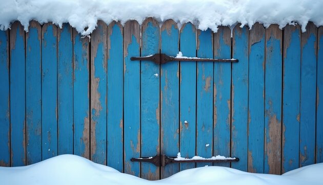 Weathered blue wooden planks form a rustic fence covered in snow. Rusty hinges suggest a gate or door. Winter scenery shows peeling paint and textured wood surface. Cold landscape detail.