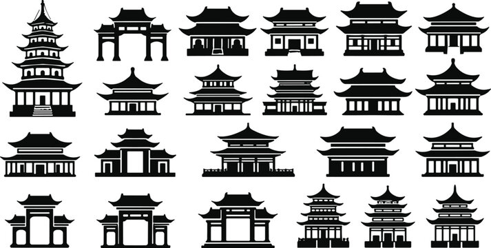 Collection of traditional chinese japanese asian architecture buildings pagodas gates temples and houses isolated on transparent background.
