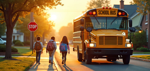 Obraz na płótnie Canvas Children with backpacks walk to yellow school bus in morning sunlight. Stop sign visible on street. Parents feel safe with kids commuting to school.