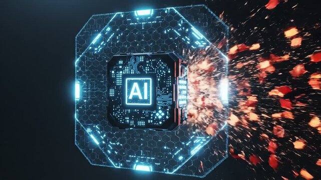 Futuristic AI chip interface, glowing blue circuit board with AI icon. Digital network and data explosion for tech innovation