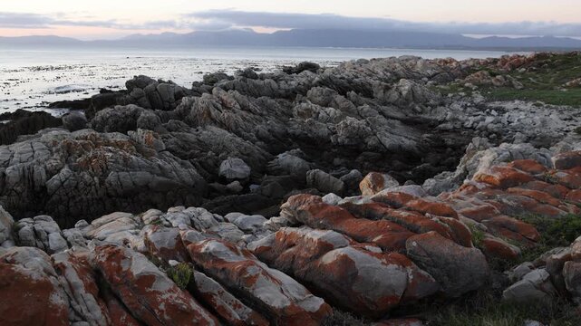 Rocky coastline of DeKelders overlooking the Atlantic Ocean, South Africa